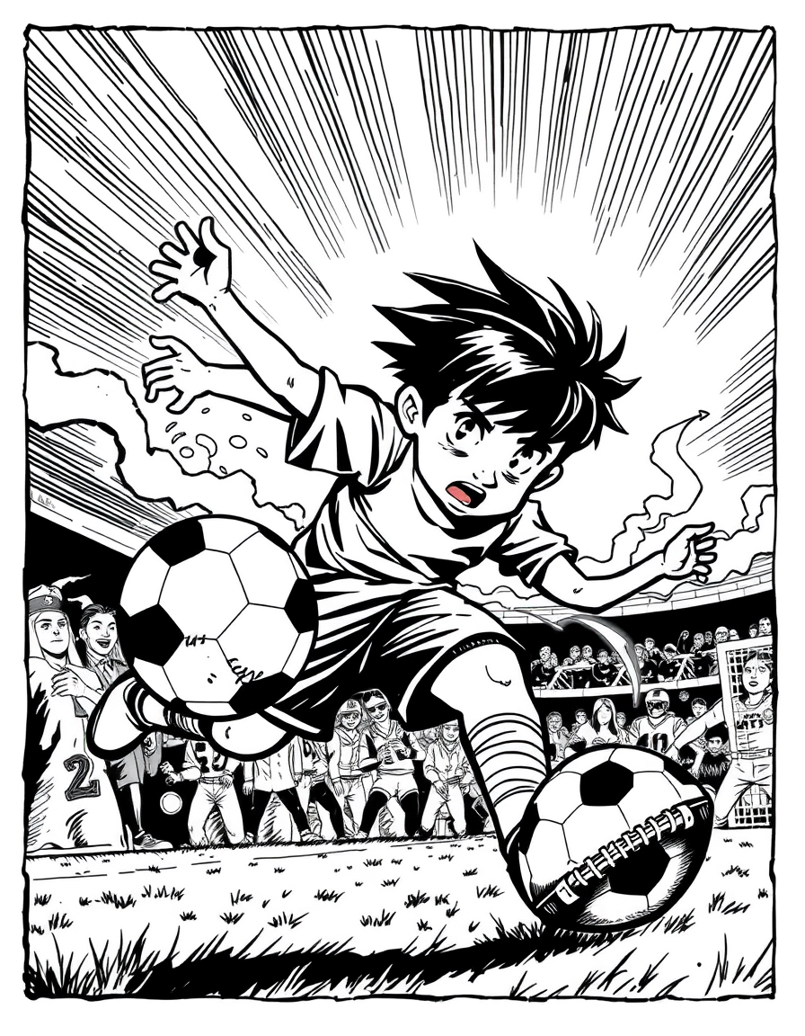 Comic Art idea: comic art, bold ink lines, halftone shading, dynamic composition, A comic about a boy who is playing football and scores , graphic novel illustration,