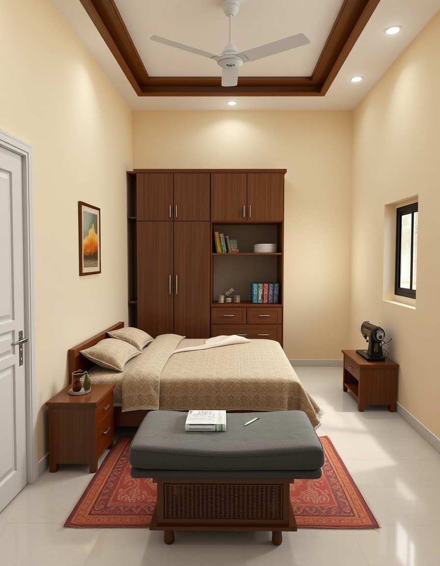 Room Design idea: AI room design, full room layout furniture and lighting, photorealistic interior render, “14×14 ft Indian bedroom. Door is on the lower part of the le