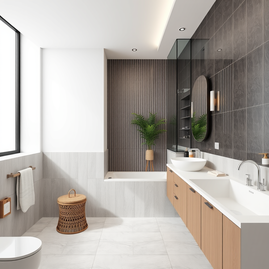 Bathroom Design idea: AI bathroom design, tiled surfaces vanity and fixtures, photorealistic interior render, 小浴室，地鐵磚，流理臺，淋浴間，乾溼分明，浴缸，便宜 , bathroom remodel visualization