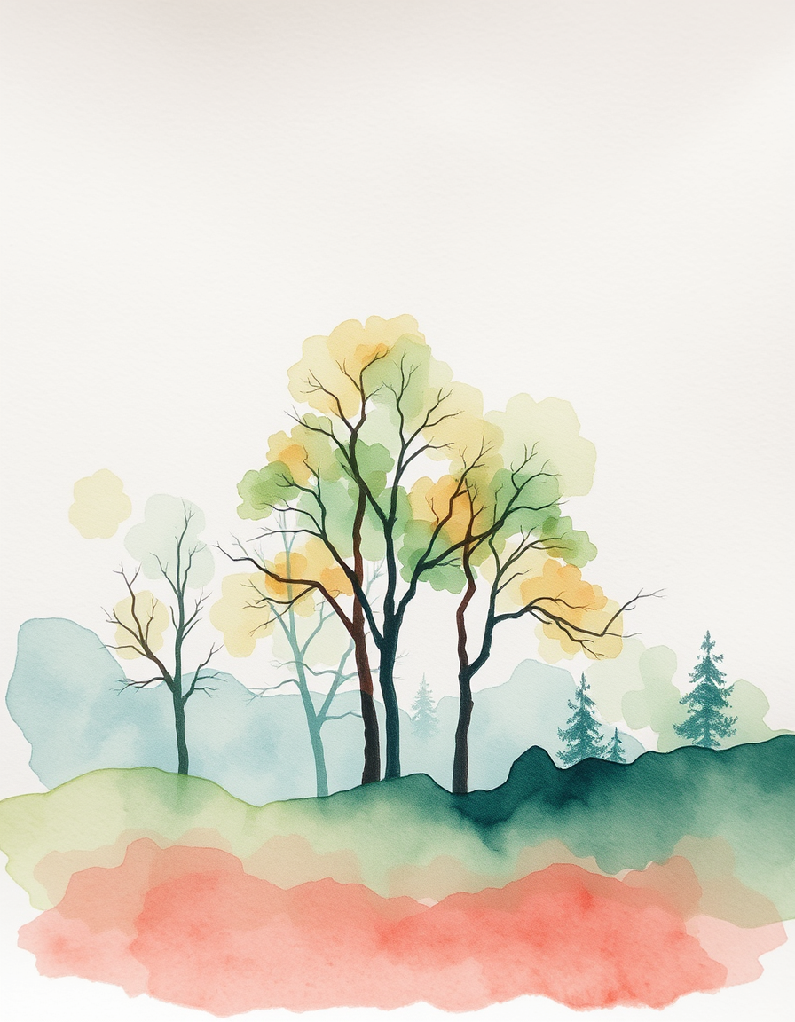 Picture Into Watercolor idea: turn picture into watercolor, transparent washes, paper texture, soft pigment edges, trees , delicate watercolor painting, luminous color, hand-painte