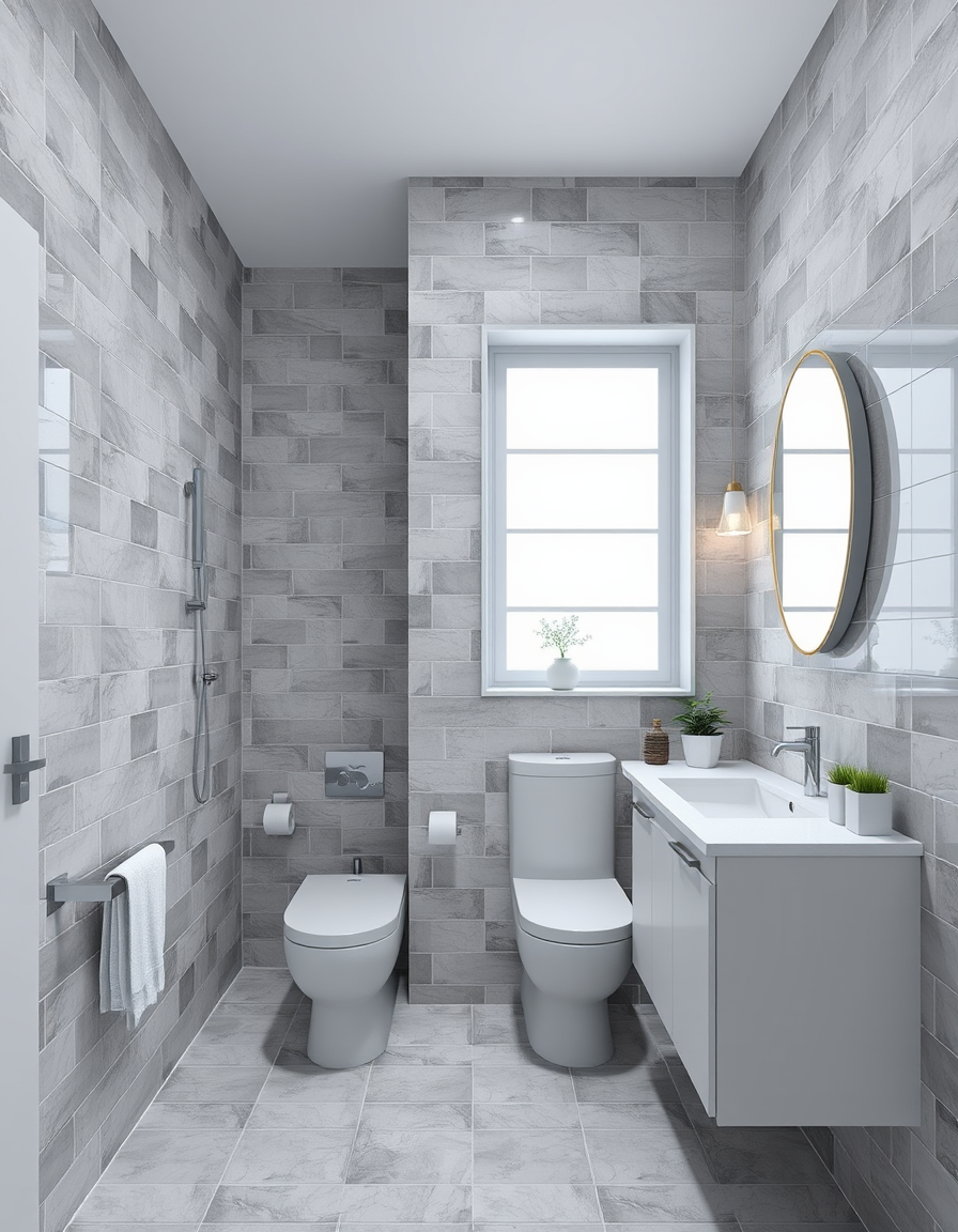 Bathroom Design idea: AI bathroom design, tiled surfaces vanity and fixtures, photorealistic interior render, 小浴室，地鐵磚，拉絲黃銅龍頭，無框步入式淋浴間 , bathroom remodel visualization