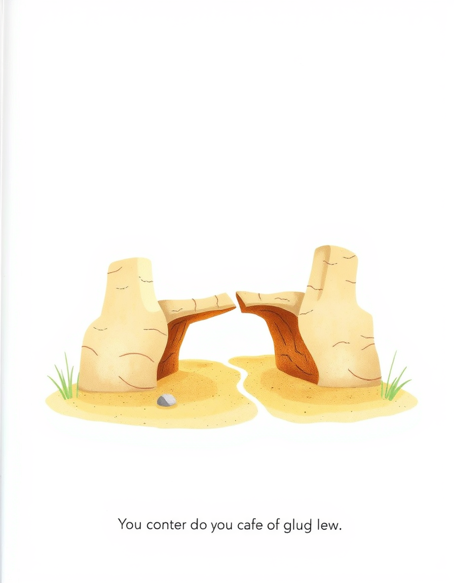Storybook Illustrations idea: storybook illustration, warm narrative scene, hand-drawn feel, soft palette, Create a calm, cute mood illustration with broken bridge made out of sand