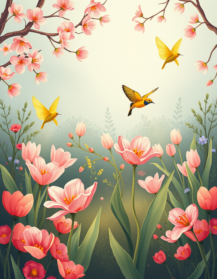 Greeting Cards idea: greeting card design, warm illustration, space for message, giardino primaverile allegro con tulipani e farfalla, palette pastello , printable greetin
