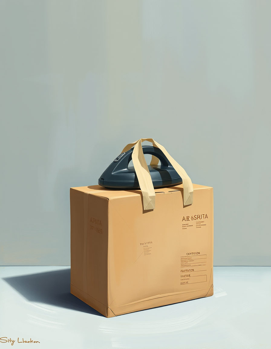 Book Covers idea: cover-ready concept art organized around genre, focal point, and title-safe space, deliberate composition, A vacuum cleaner box with bag handles taped