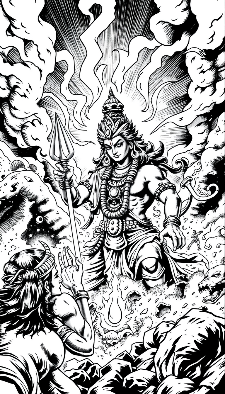 Comic Art idea: comic art, bold ink lines, halftone shading, dynamic composition, Markandeya was destined to die at sixteen, but his devotion to Lord Shiva was limitl