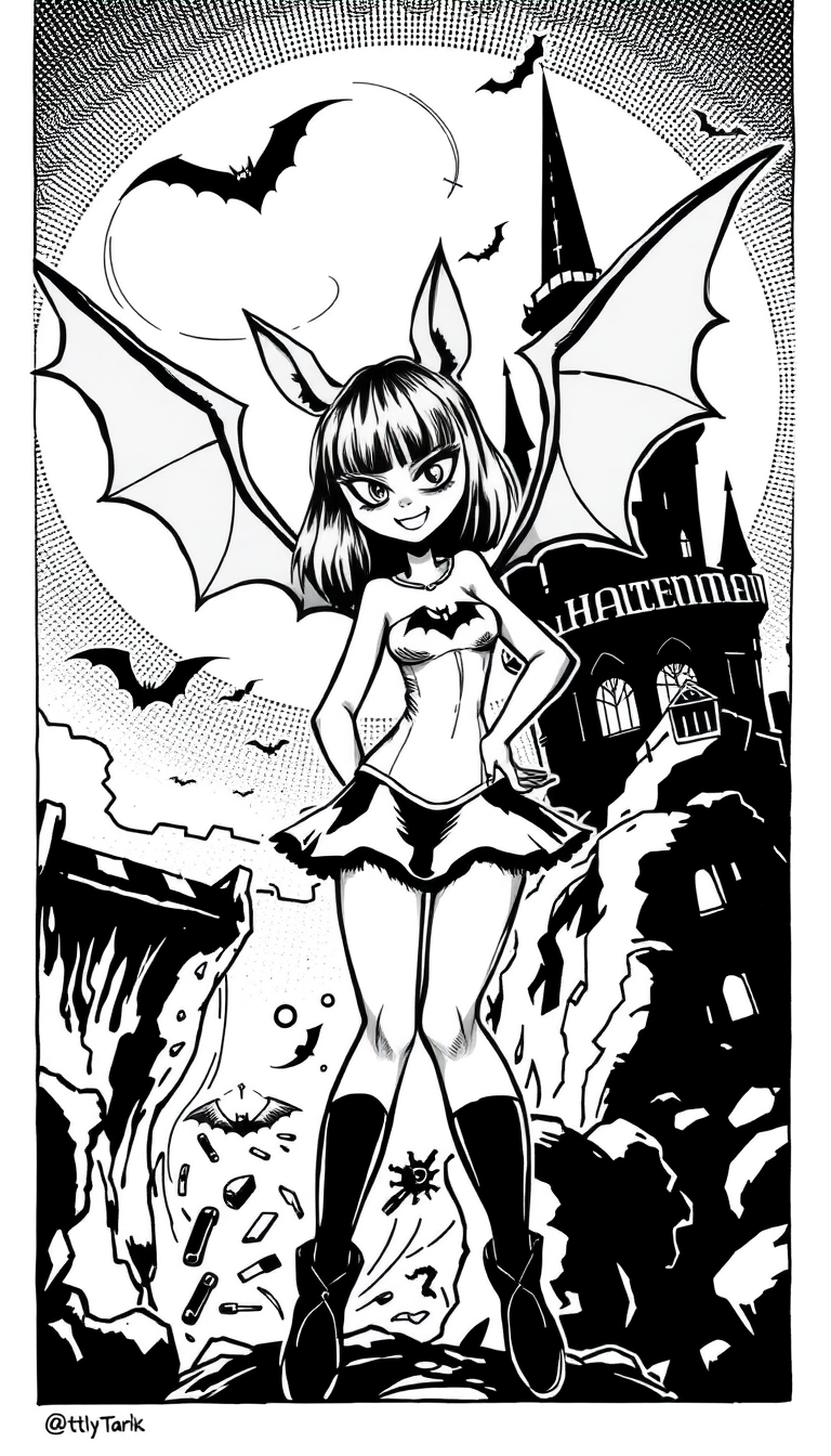 Comic Art idea: comic art, bold ink lines, halftone shading, dynamic composition, (pettanko, batwings, leotard, leggings, smirky grin), perky goth, creepy cute, spook