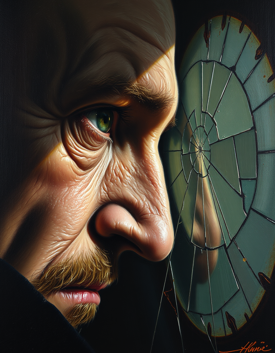 AI Painting prompt example created from the prompt: An oil painting Close-up of a weary man’s face half in shadow, staring into a cracked mirror