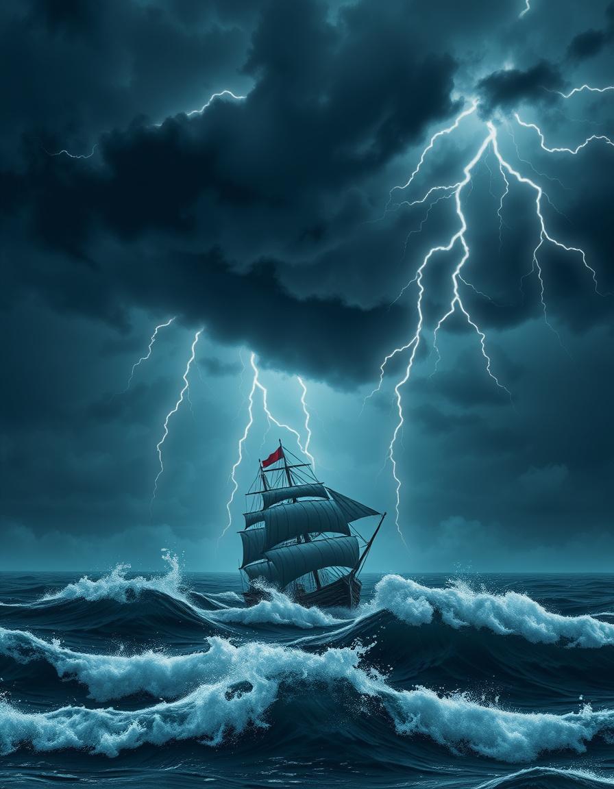 Book Covers idea: book cover composition, vertical 2:3 format, title-ready negative space at top, evocative subject, A book cover featuring a dark stormy sea with storm