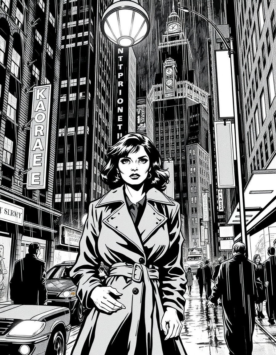Comic Art idea: comic art, bold ink lines, halftone shading, dynamic composition, comic art, bold ink lines, halftone shading, dynamic composition Scene: A busy, rain