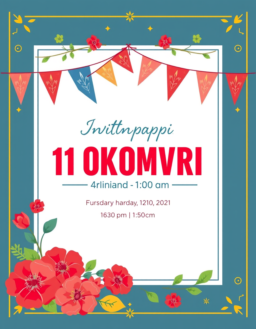 Invitation idea: party invitation design, festive layout, decorative border, space for event details, Create an invitation for the "11 Oktomvri" Primary School's patro