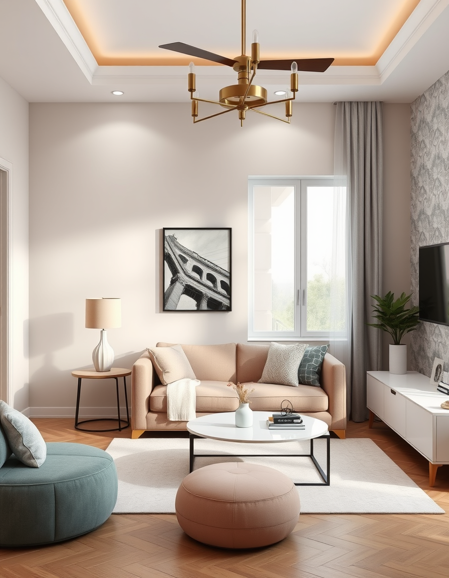 Interior Design idea: AI interior design, cohesive furniture layout decor and lighting, photorealistic interior render, 12 ×14 room size In one out of 4 wall on eshould be 