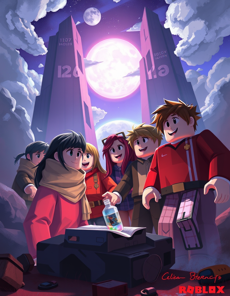 Book Covers idea: cover-ready concept art organized around genre, focal point, and title-safe space, deliberate composition, four friends stuck in roblox , polished pai