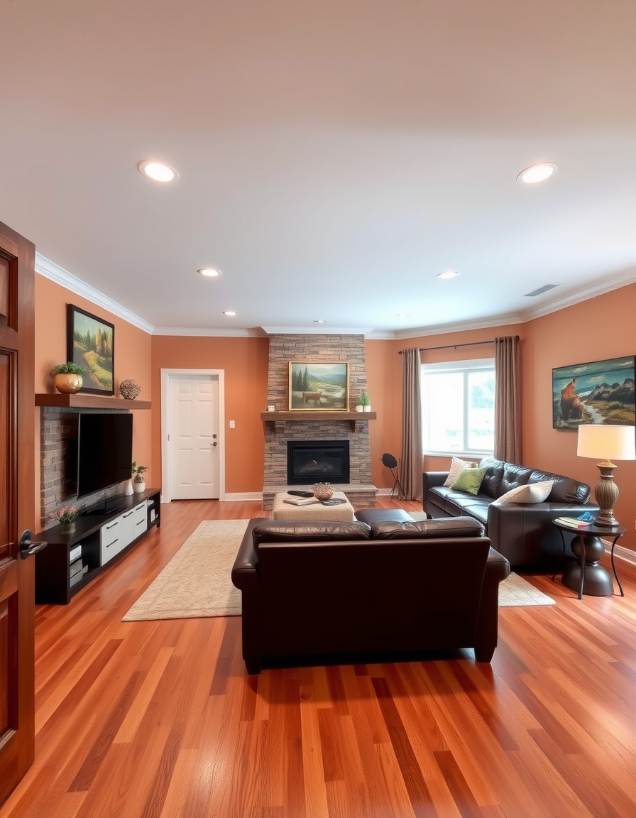Main painting studio: Design living room. Starting from doorway. Window is placed on right side of room and is the only light source. Dark brown leather sofa left side of r