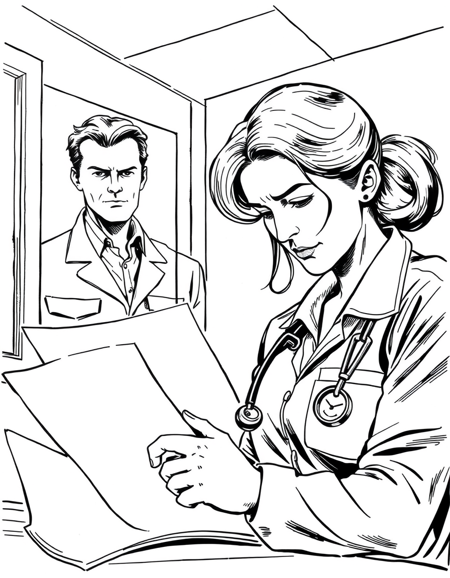 Comic Art idea: comic art, bold ink lines, halftone shading, dynamic composition, Sarah revisa una carpeta médica. Fotografía de Martin en su uniforme, sonriente. Al