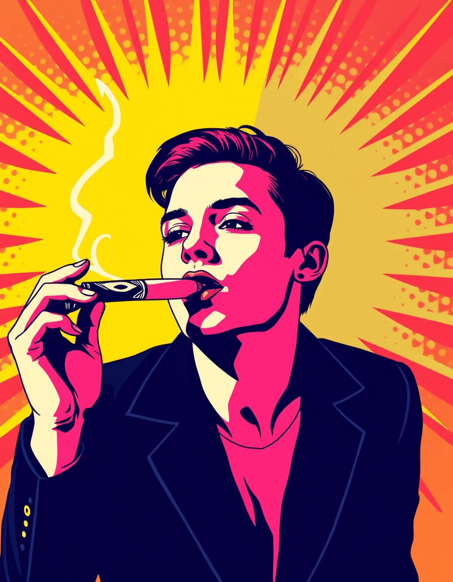Pop Art idea: pop art style, bold flat colors, Ben-Day dots, comic-book half-tone, high-contrast subject, cigarro , inspired by Warhol and Lichtenstein, pop-art pri