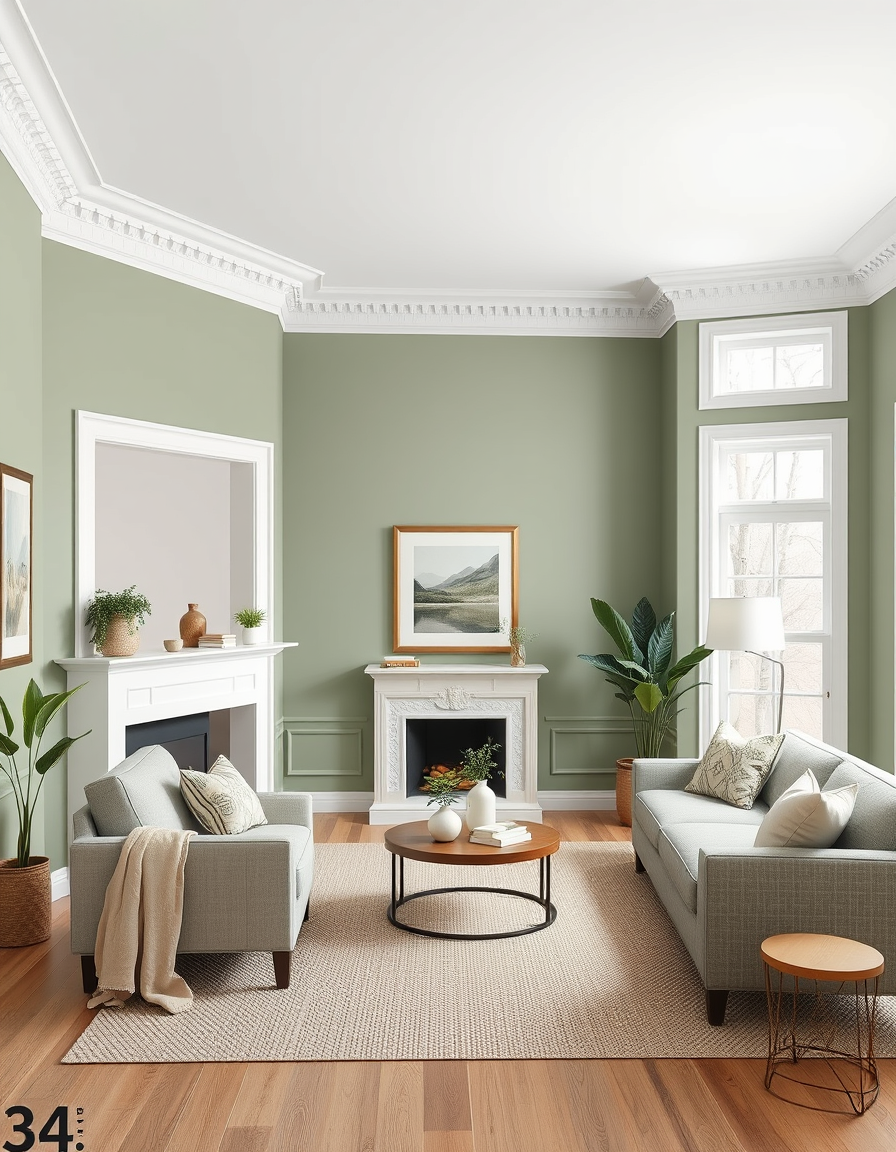 Paint Color idea: room repainted in a new wall color from the photo, accurate paint finish, photorealistic interior render, a living room with walls painted in sage gre