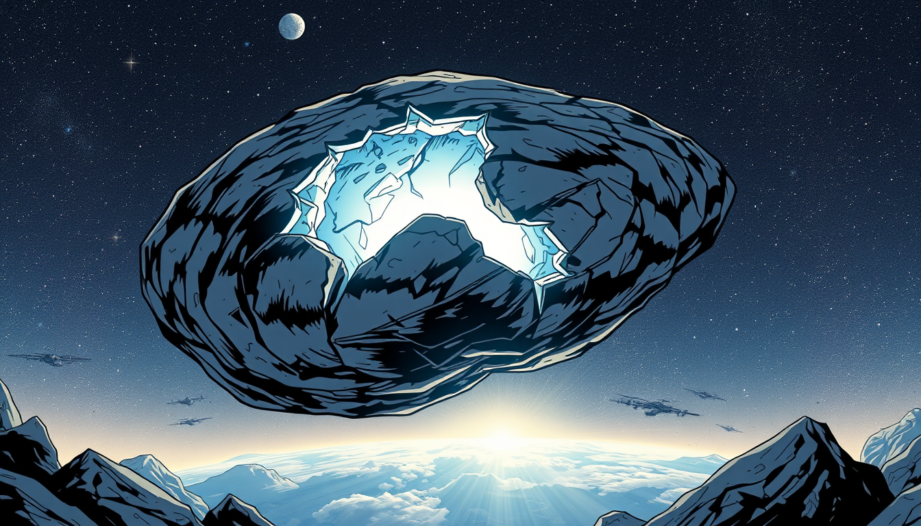 Main painting studio: A huge mysterious cracked rock floats through space, glowing white-blue from inside, moving toward Earth. Stars and galaxies in the background. Artist