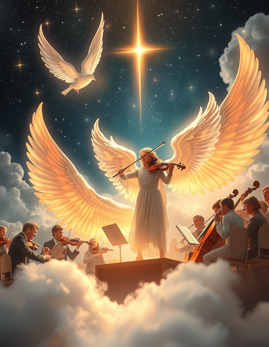 Main painting studio: an angelic concertmaster and an angelic orchestra in a heavenly realm above and a creator God creating everything in existence from their music and th