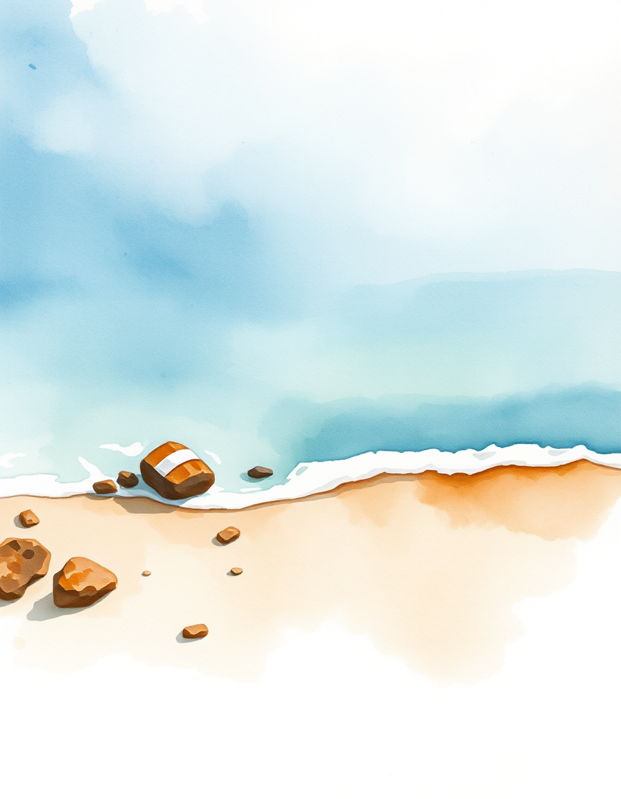 Watercolor idea: watercolor painting, soft transparent washes, wet-on-wet bleeds, paper texture visible, Make a lonely sea beach oil painting , delicate watercolor ill
