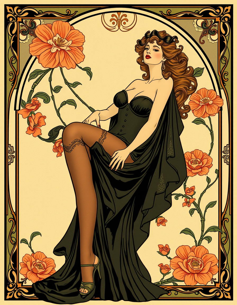 Art Nouveau idea created from the prompt: art nouveau illustration, flowing organic lines, decorative panel borders, ornamental floral motifs, Kathie Keene, nylon stocking diva with