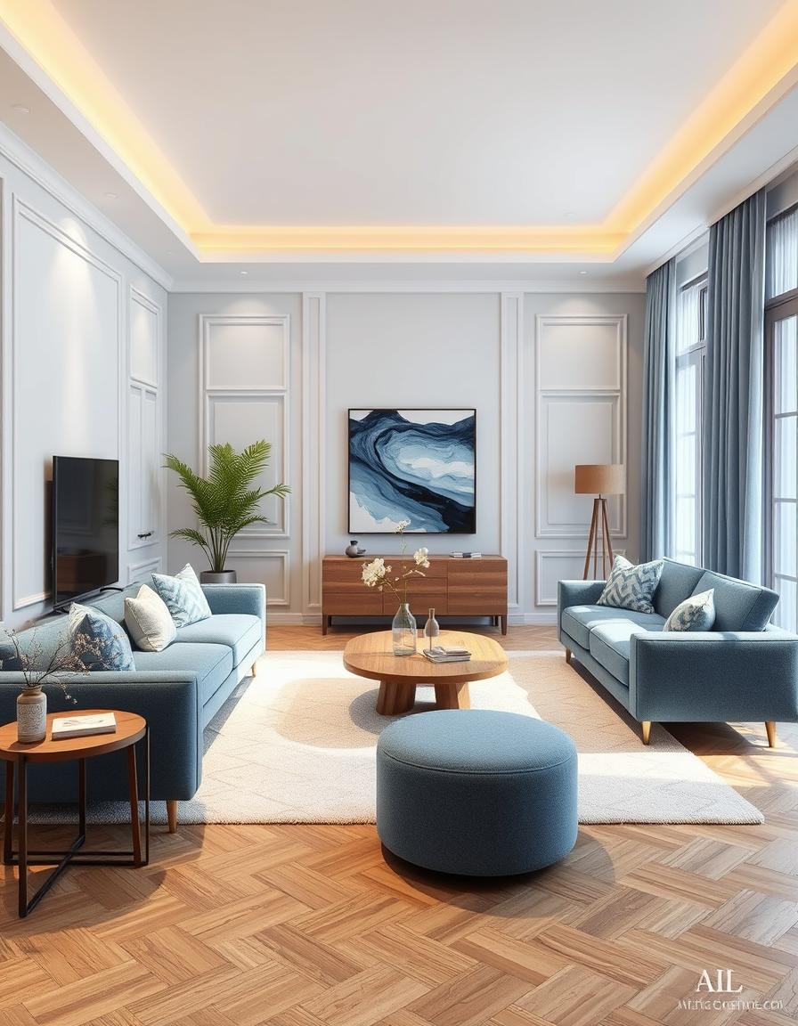 Room Design idea: AI room design, full room layout furniture and lighting, photorealistic interior render, Fait un moi un salon dans le style art d'eco avec un canape r