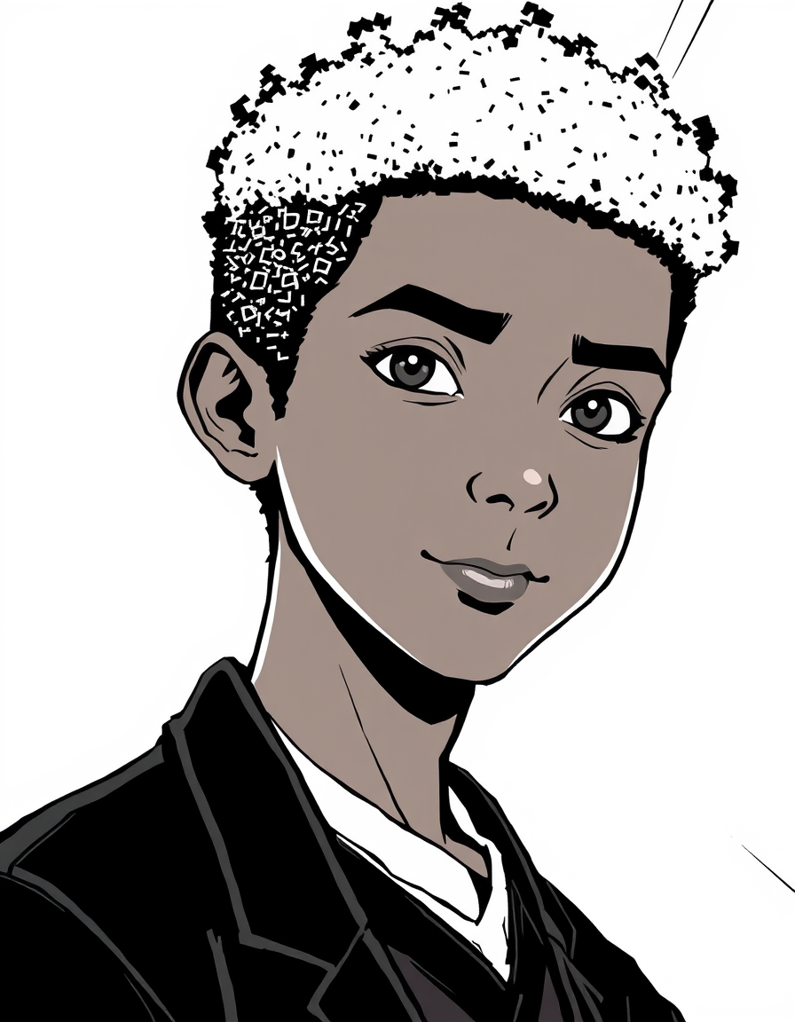 Comic Art idea: comic art, bold ink lines, halftone shading, dynamic composition, Raphaël Beneki Takahashi, 13 ans, métis japonais et africain congolais. Peau brune,