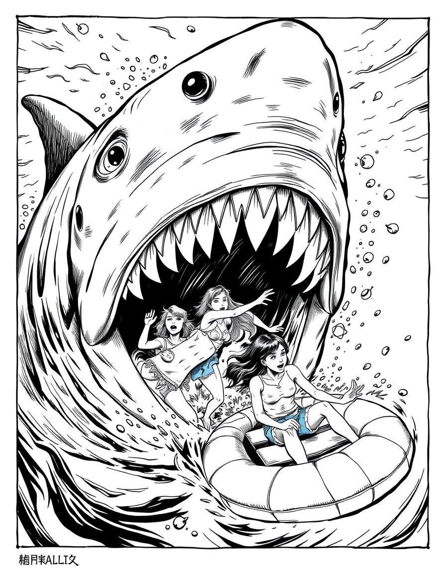 Comic Art idea: comic art, bold ink lines, halftone shading, dynamic composition, A group of young female swimmers being swallowed by a megladon as they panick and tr