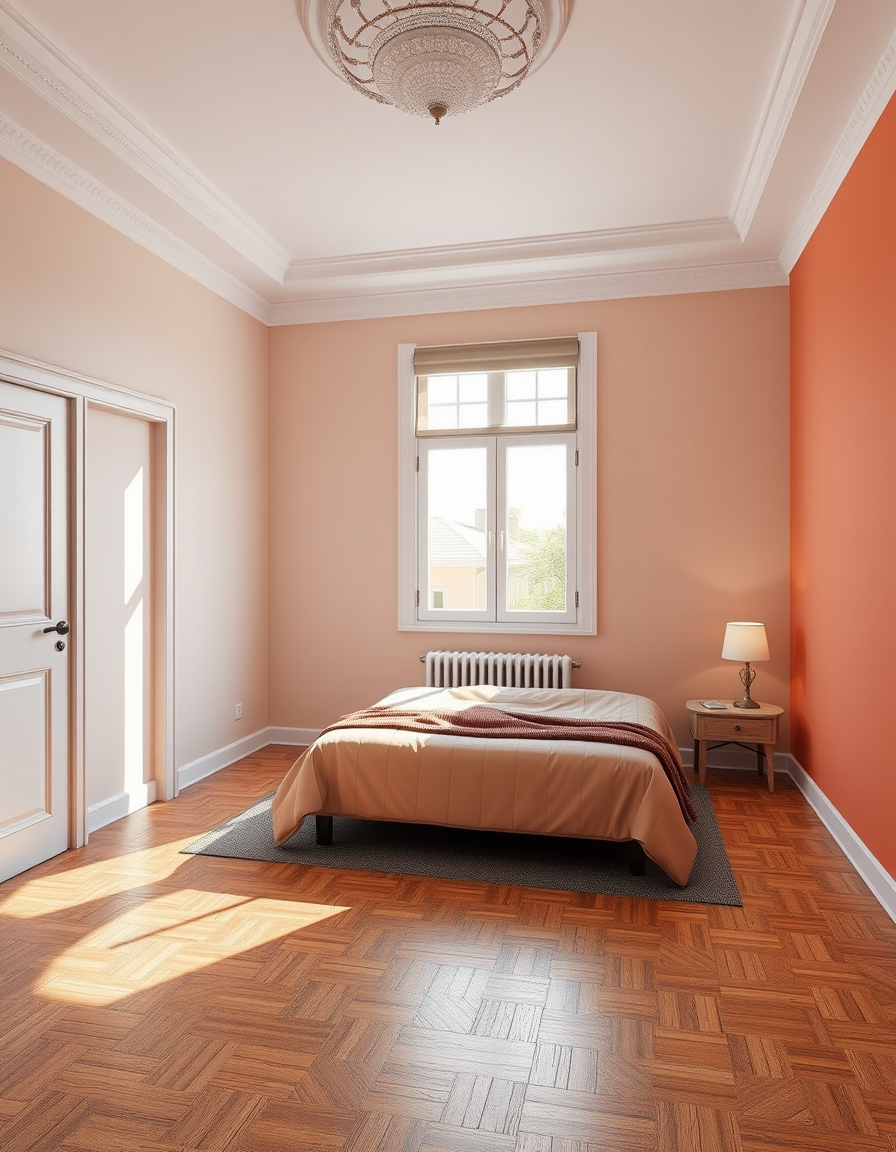Room Paint idea: room paint visualization, preserve furniture layout and lighting, change wall color only, una habitación de 20 m cuadrados, suelo de parquet, rodapie,
