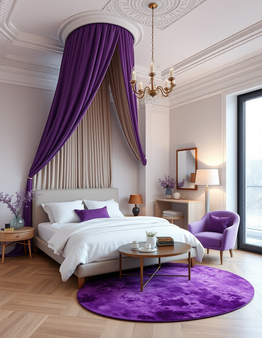 Virtual Staging idea: virtually staged empty room from the photo, tasteful furniture and decor added, photorealistic interior render, chambre avec lit a baldaquin violet ,