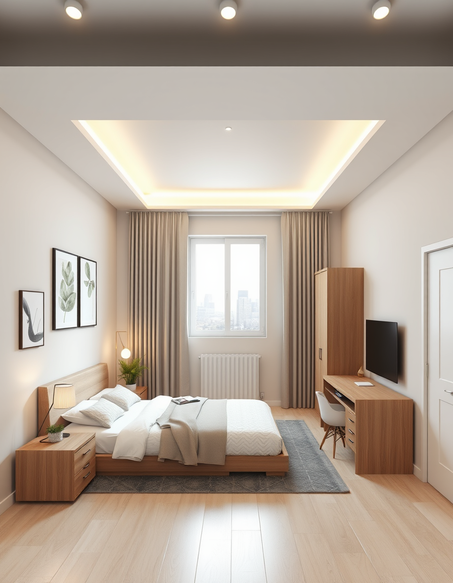 Room Design idea: AI room design, full room layout furniture and lighting, photorealistic interior render, I have a room 3.75 m × 3.40 m. Furniture: wardrobe 200×60 cm,