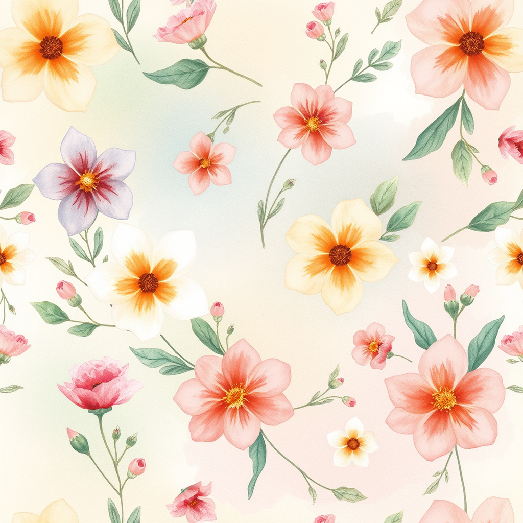Watercolor idea: watercolor painting, soft transparent washes, wet-on-wet bleeds, paper texture visible, Same floral watercolor pattern in multiple colorways, soft bot