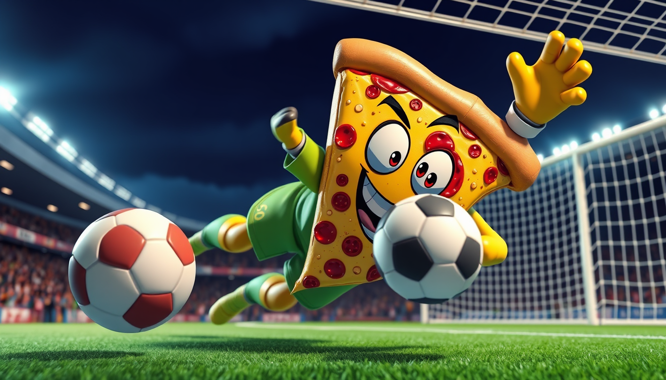Comic Art idea: comic art, bold ink lines, halftone shading, dynamic composition, 3D cartoon render, badass pizza slice character as a football goalkeeper diving to s