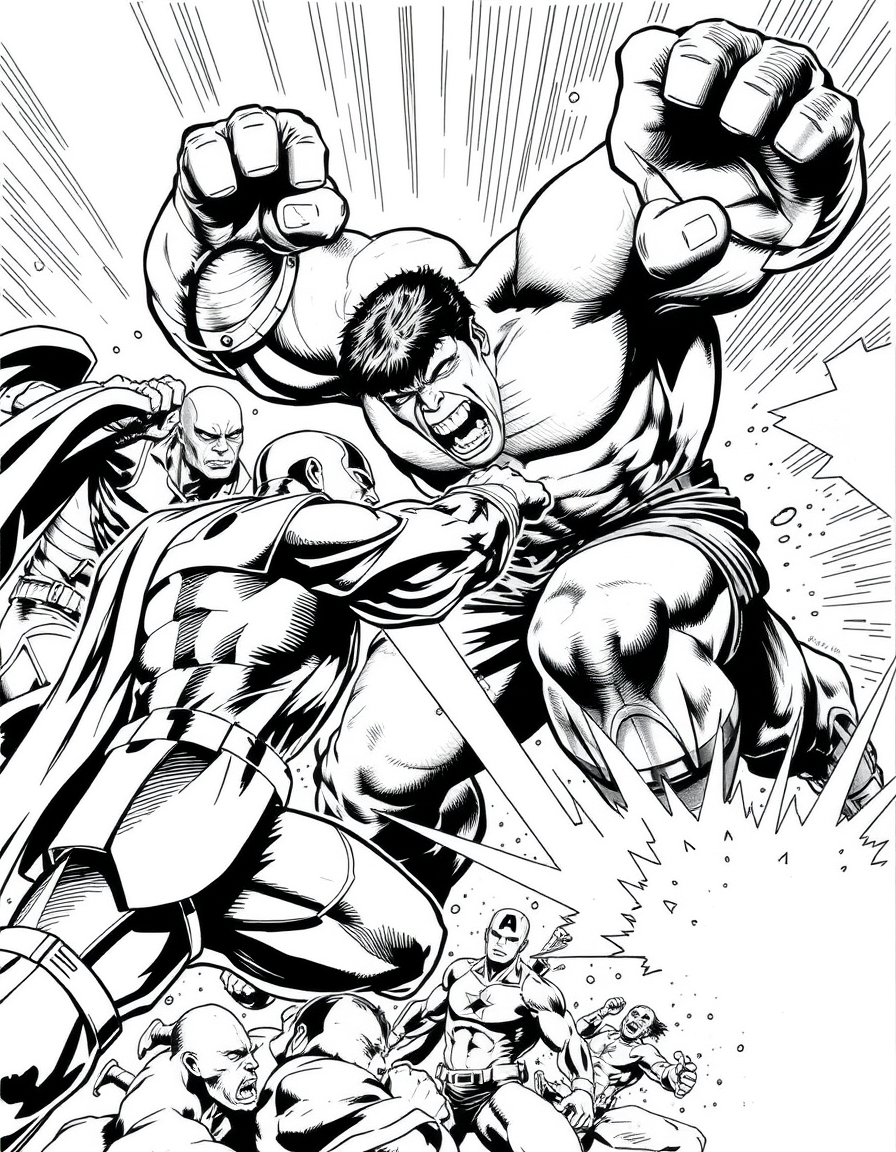 Comic Art idea: comic art, bold ink lines, halftone shading, dynamic composition, Hulk fighting Avengers , graphic novel illustration, comic panel ready