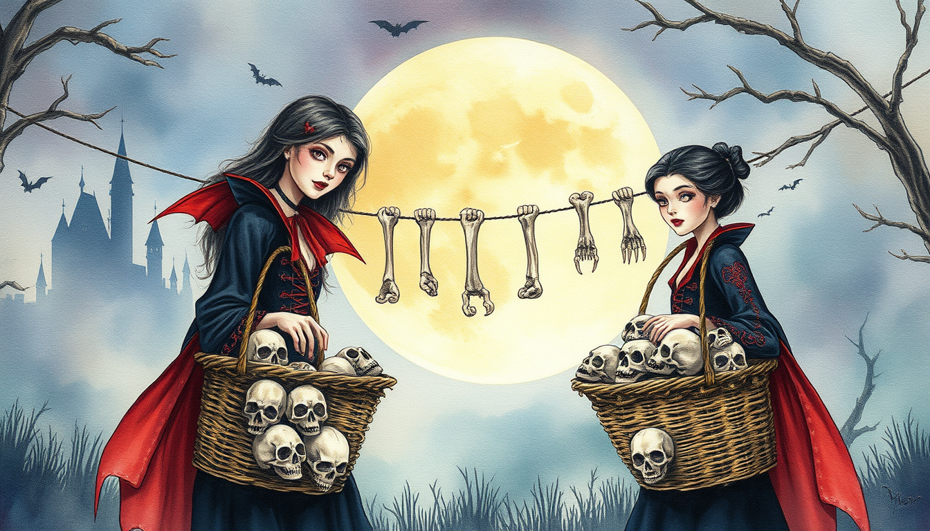 Picture Into Watercolor idea: turn picture into watercolor, transparent washes, paper texture, soft pigment edges, two pretty youthful vampiressws with a large wash basket filled w