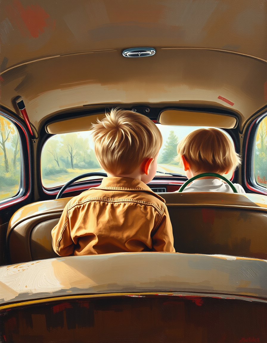 Oil Paintings idea: oil painting style, rich textures, brushstrokes, impasto technique, Hello.\n Can you paint the interior of a 1940s car with the little boy in the back