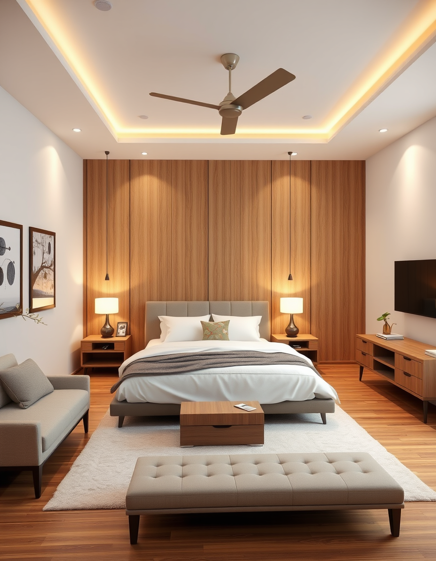 Bedroom Design idea: AI bedroom design, bed layout decor and lighting, photorealistic interior render, Créame una imagen de un dormitorio Con su cama king size su respalda