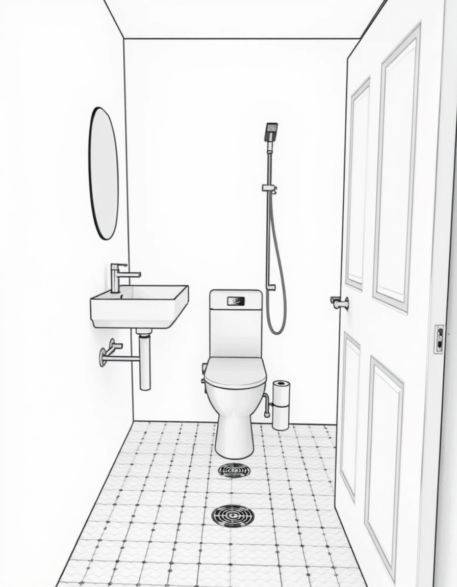 Main painting studio: The image is incomplete. Draw a complete bathroom in a very small space measuring 180 × 80 cm, including the following elements: - A white washbasin m
