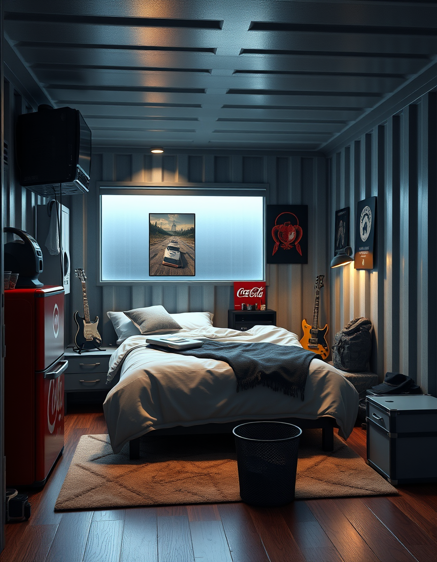 Bedroom Design idea: AI bedroom design, bed layout decor and lighting, photorealistic interior render, inside of a cargo container designed for a solo military of the spac