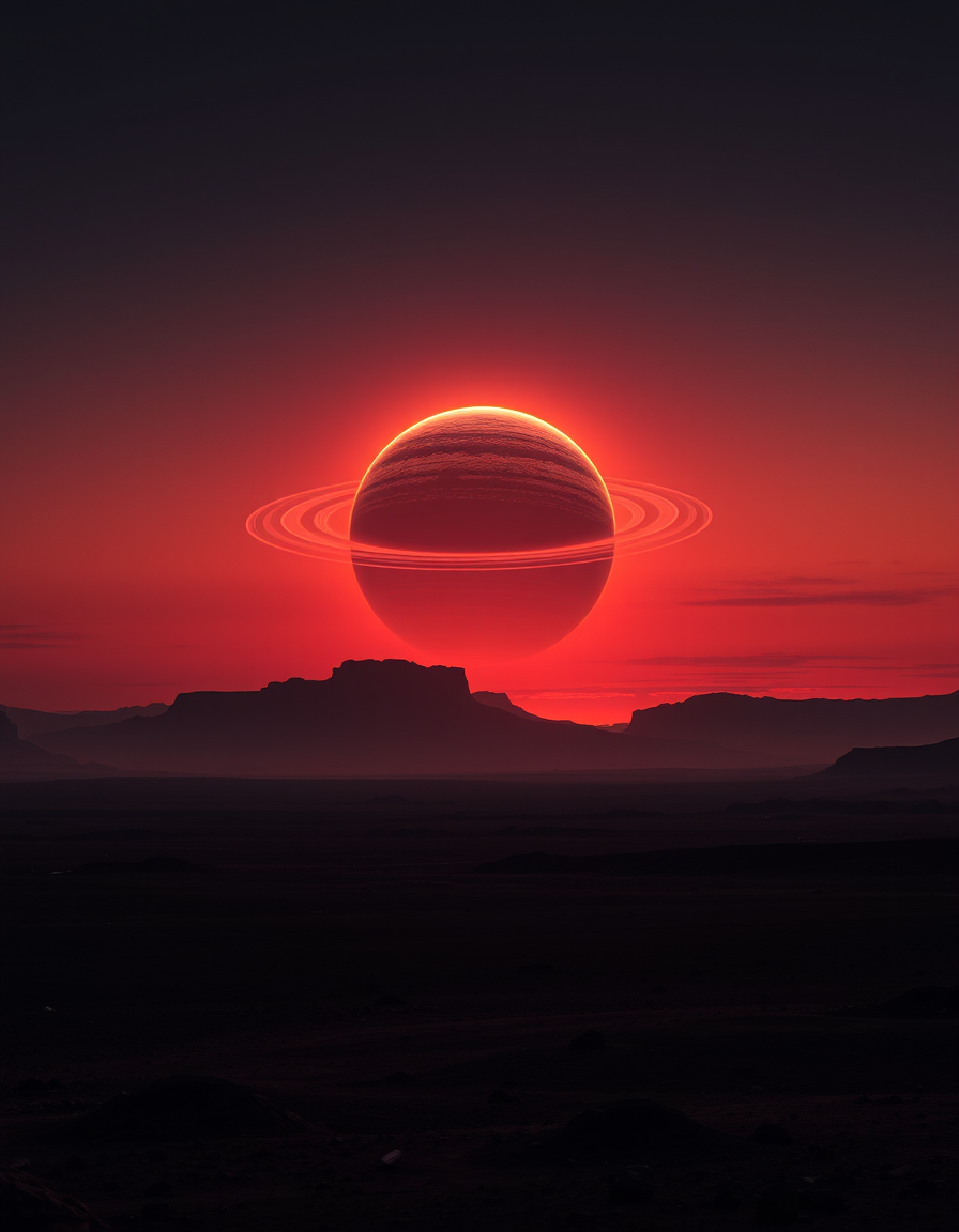 Book Covers idea: book cover composition, vertical 2:3 format, title-ready negative space at top, evocative subject, a sci-fi novel cover with a ringed planet rising ov