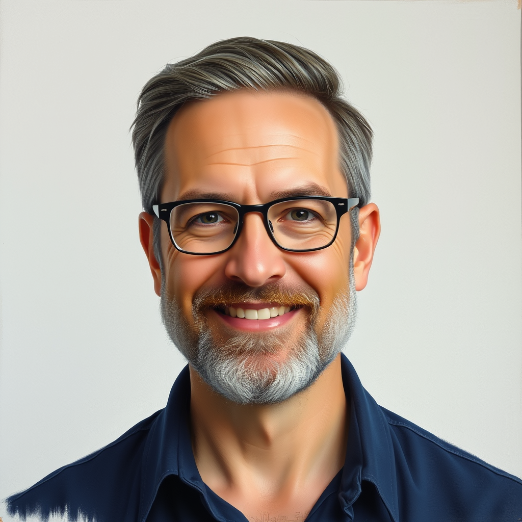 Main painting studio: Create an oil painting portrait of a middle-aged man with a well-groomed beard, glasses, and swept-back hair, gentle approachable smile, linked to the