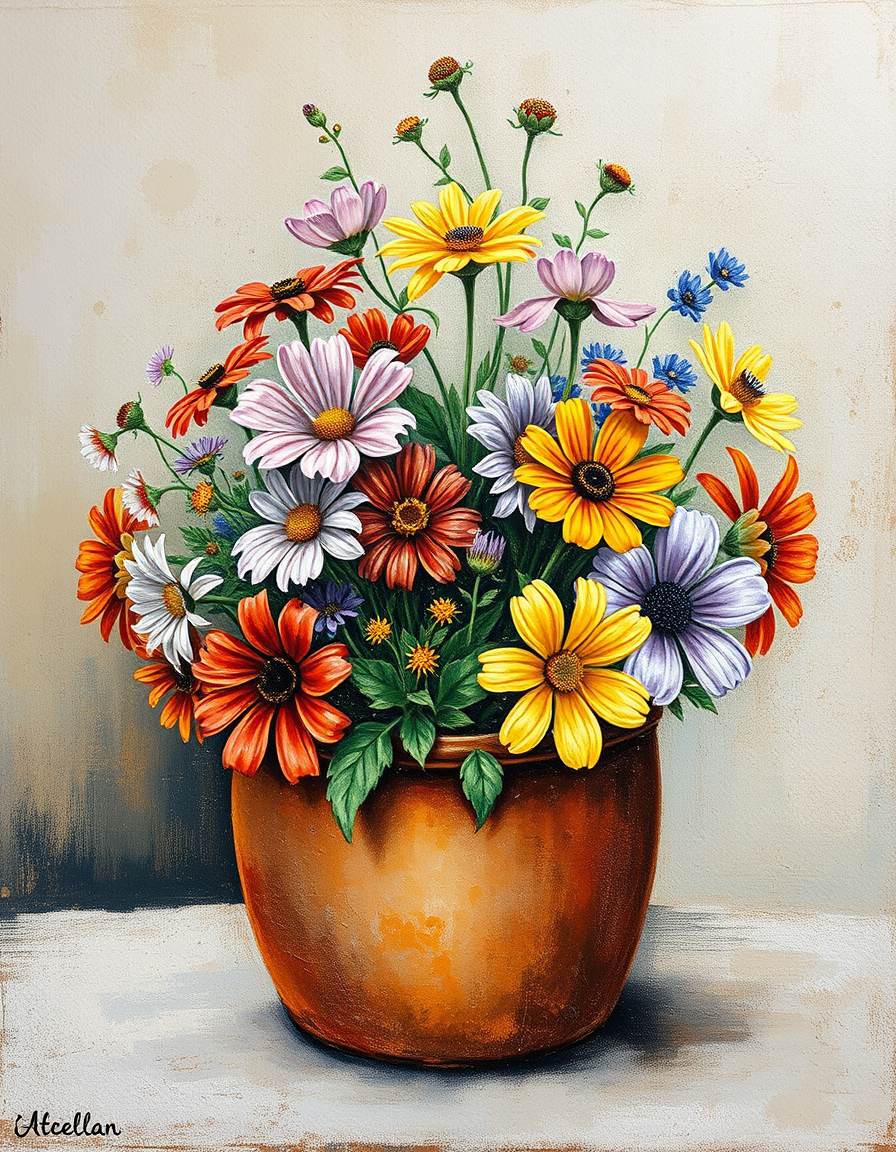 Main painting studio: A rustic handmade painting of colorful wildflowers in an old clay pot, painted with acrylics on rough canvas. Uneven petals, imperfect shapes, visible