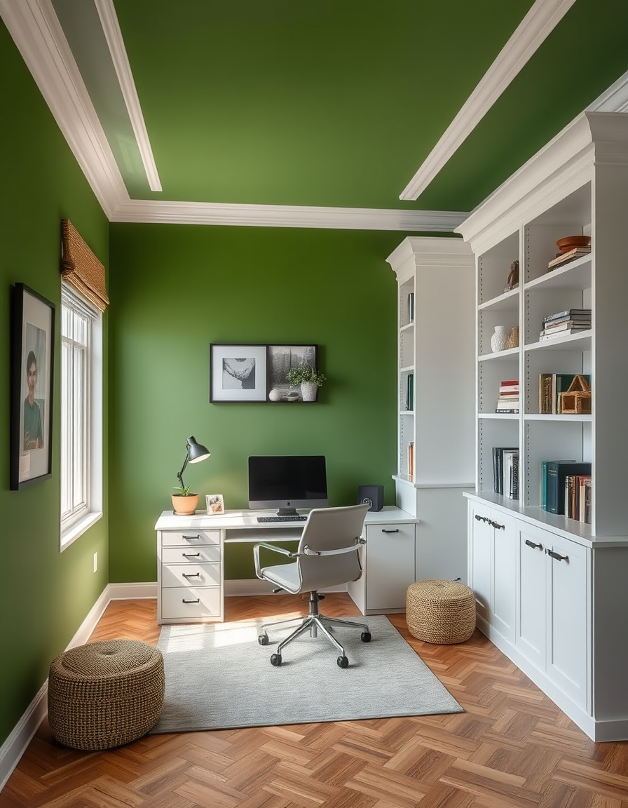 Paint Color idea: room repainted in a new wall color from the photo, accurate paint finish, photorealistic interior render, a home office with forest green walls and bu