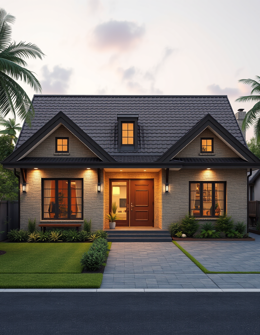 AI House Exterior Design idea created from the prompt: AI house exterior design, facade materials roofline and landscaping, photorealistic render, bungalow , home exterior visualization
