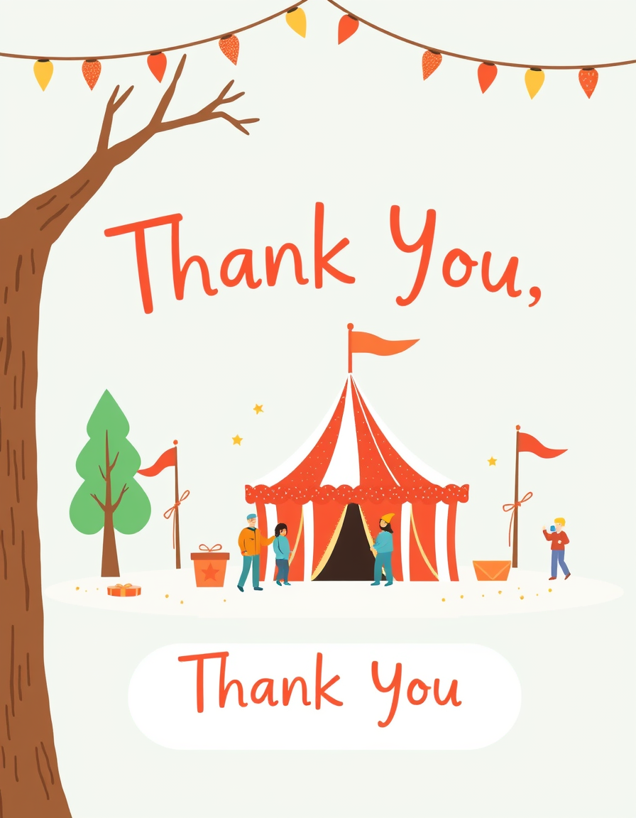 Greeting Cards idea: greeting card design, warm illustration, space for message, make a thank you card for "cascadia staff" for throwing a carnival for the residents, make