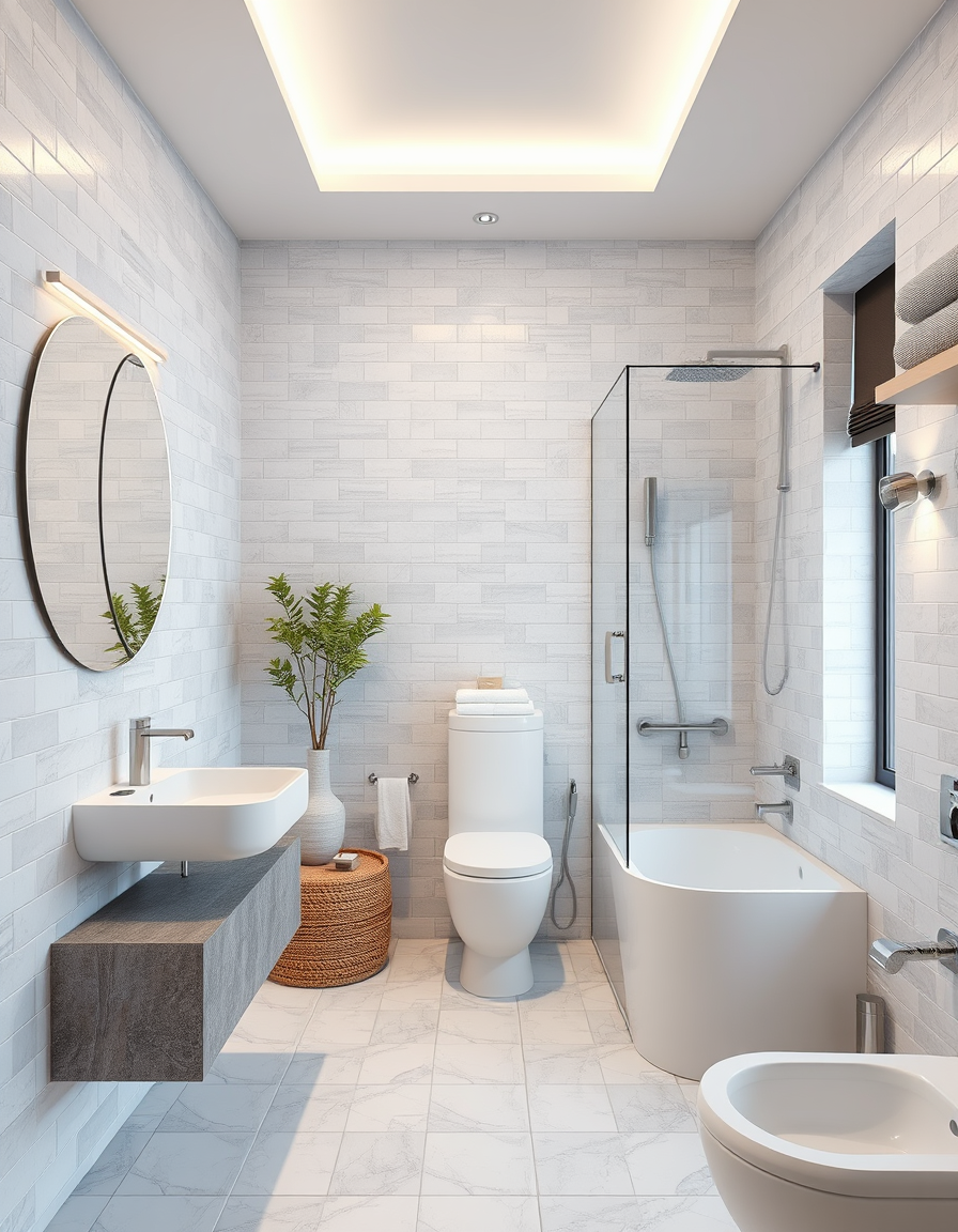 Bathroom Design idea: AI bathroom design, tiled surfaces vanity and fixtures, photorealistic interior render, gresie alb cu aurie cu fire asa aurii, vasul de wc patrat susp