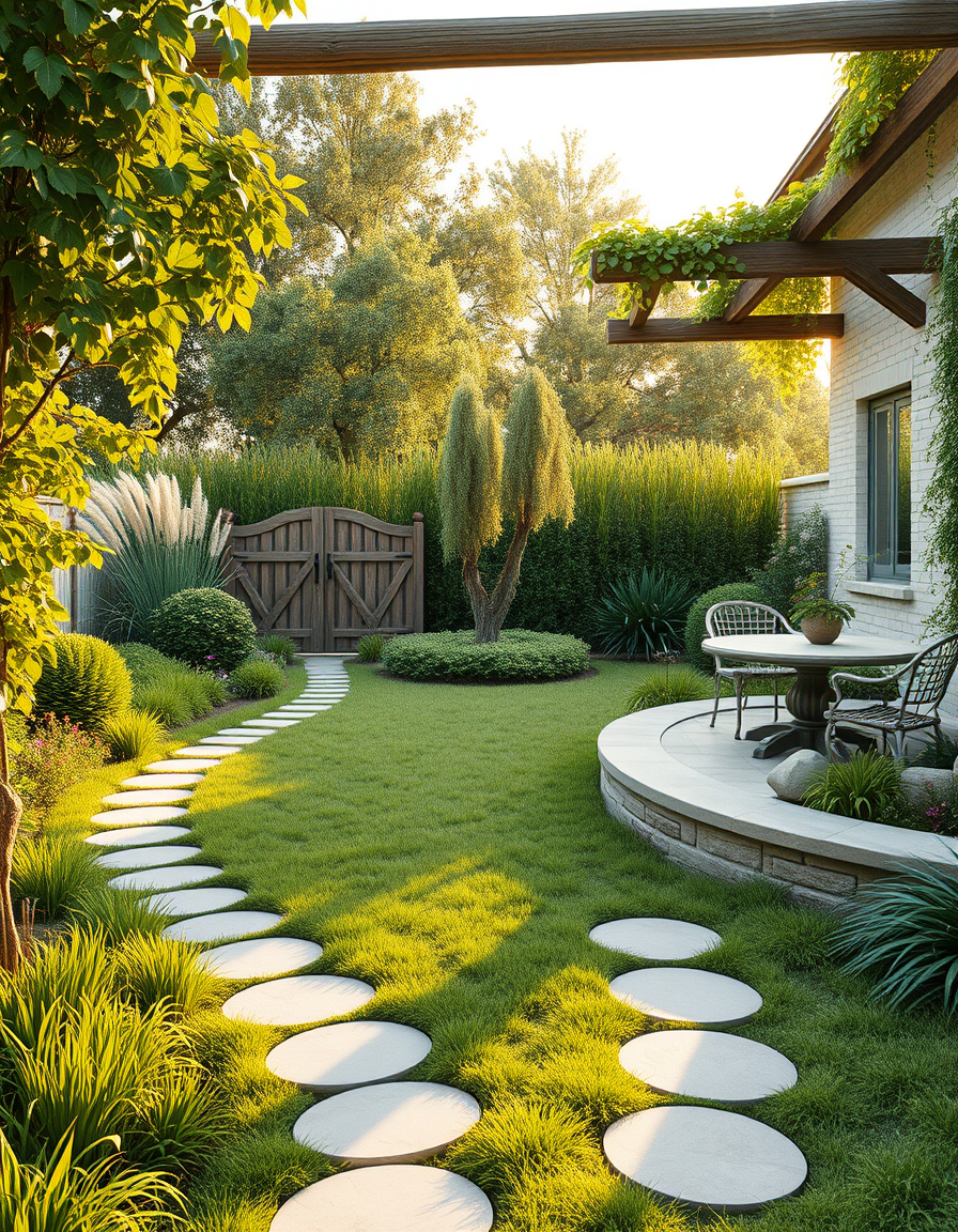 Garden Design idea: AI garden design, lush landscaped yard, plants pathways and seating, photorealistic render, A photorealistic 3D garden design visualization of a small