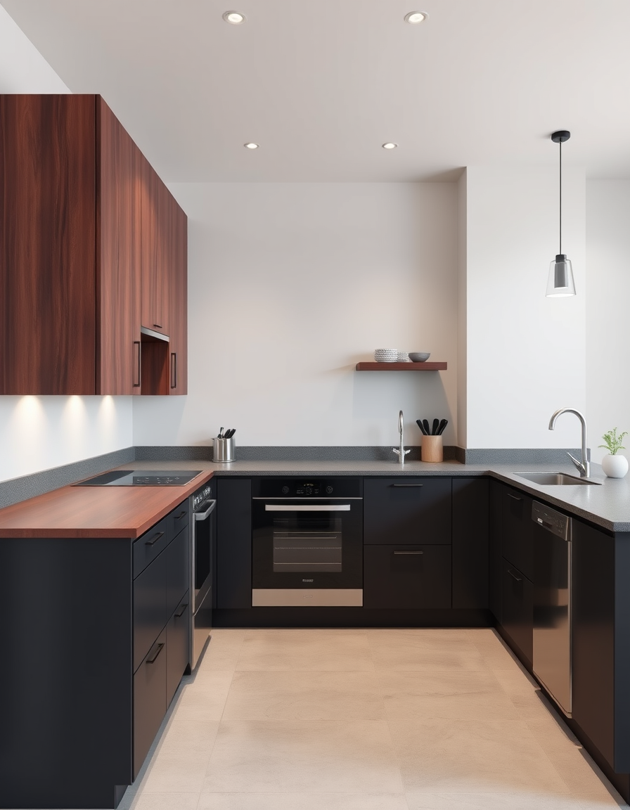Kitchen Design idea: AI kitchen design, modern cabinetry countertops and lighting, photorealistic interior render, Design a 5 meter linear one wall only kitchen with overh