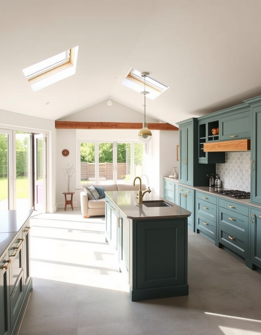 Main painting studio: Kitchen with teal painted cupboards and brass handles and brass taps and fittings. Large island in the middle. Light grey large floor tiles. Two skyli