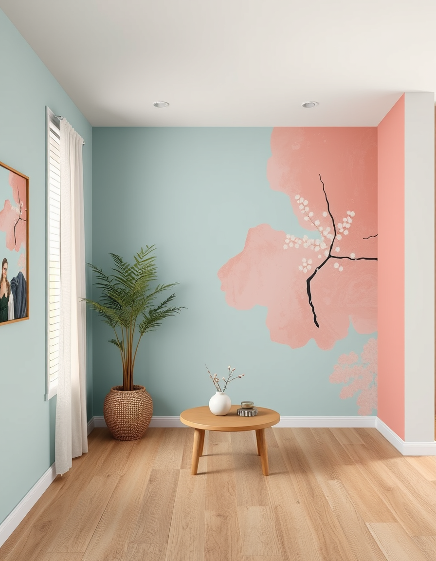Paint Color idea: room repainted in a new wall color from the photo, accurate paint finish, photorealistic interior render, japanese abstract , paint color visualizatio