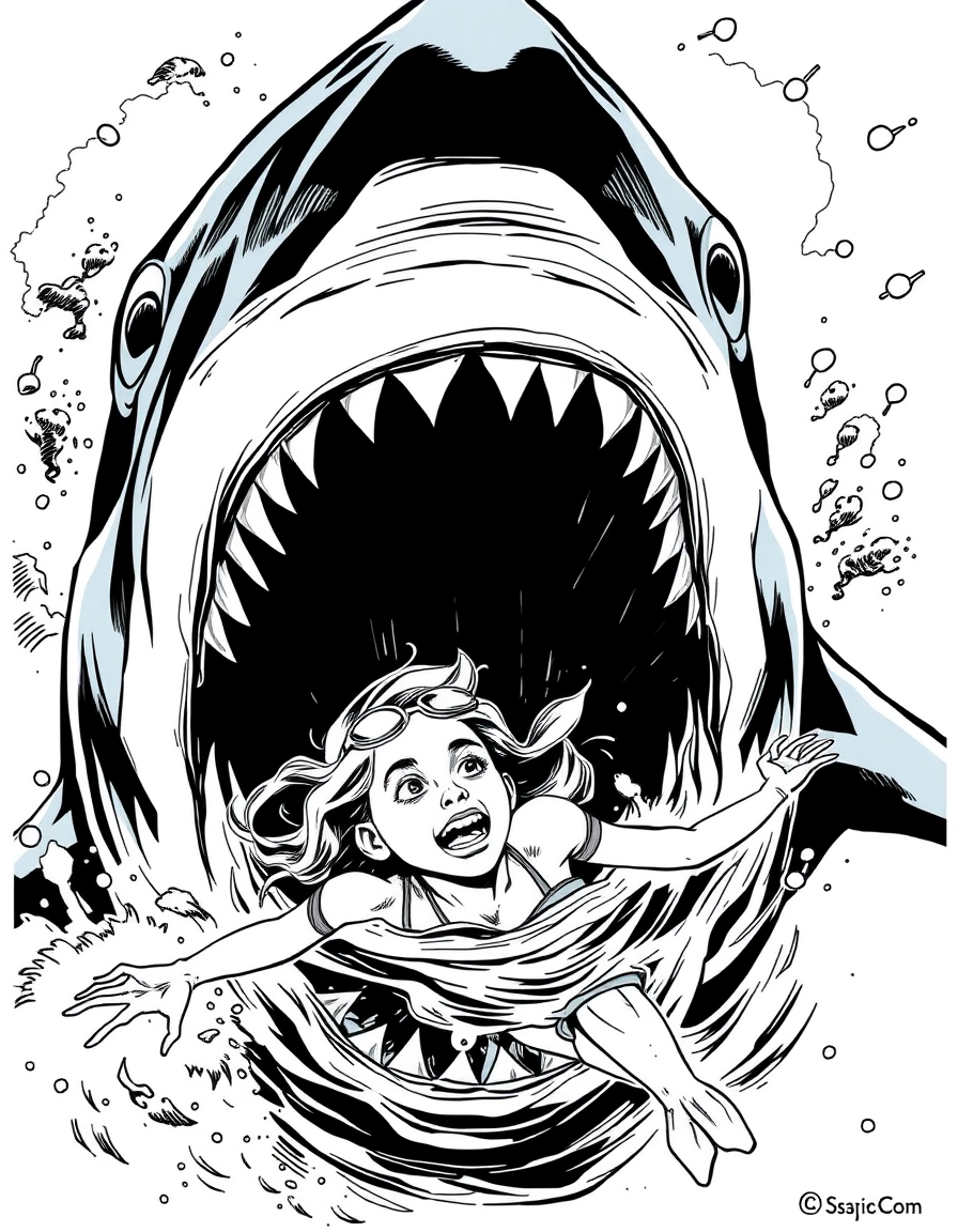 Comic Art idea: comic art, bold ink lines, halftone shading, dynamic composition, A shark with a massive mouth swallowing a young female swimmer , graphic novel illus